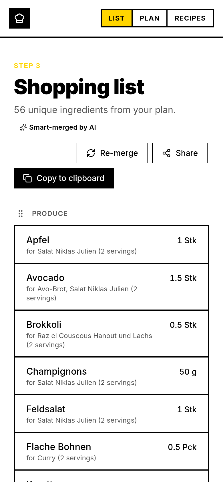 Die Einkaufsliste in MealPrepped: 56 Zutaten aus dem Wochenplan, jede Zeile mit den Mahlzeiten, aus denen sie stammt.