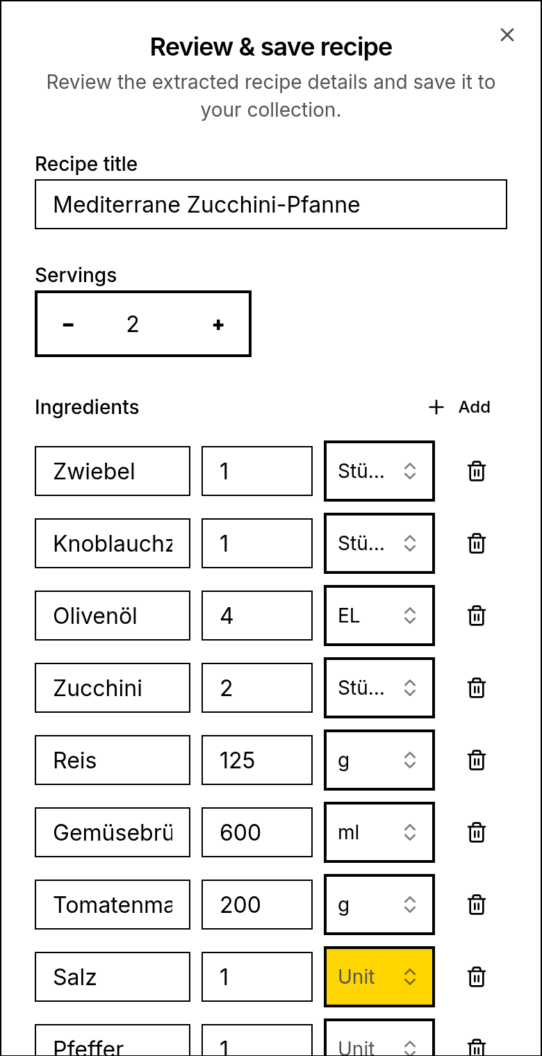 Der Dialog „Review & save recipe“: aus Fotos ausgelesener Titel, Portionen und Zutaten mit Menge und Einheit, alle als bearbeitbare Felder.